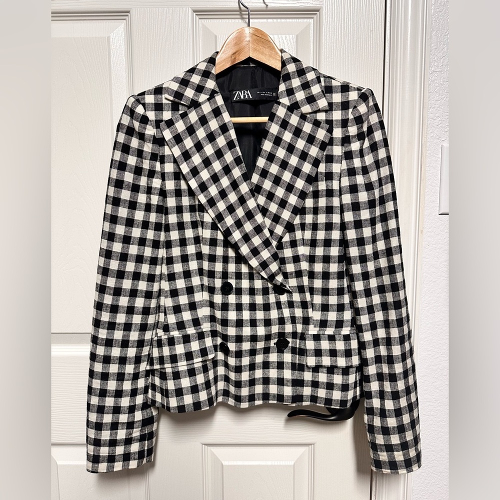 Zara Women's Black and White Plaid Blazer linen blend fabric, size S